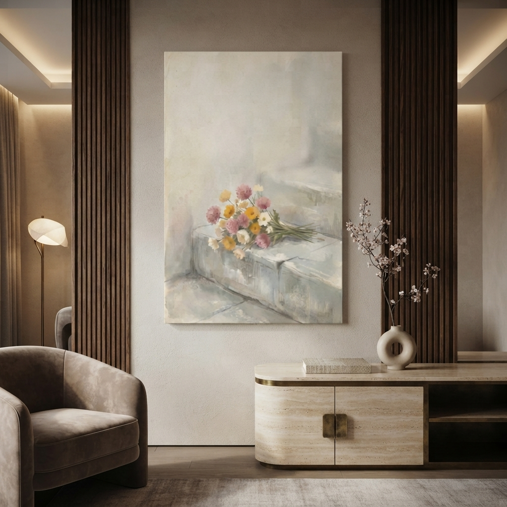 Wildflower Bouquet Stone Steps Cozy Watercolor Canvas Wall Art Prints