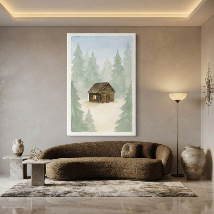 Hidden Log Cabin Woods Cozy Watercolor Canvas Wall Art Prints