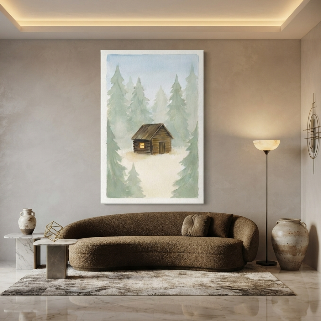 Hidden Log Cabin Woods Cozy Watercolor Canvas Wall Art Prints