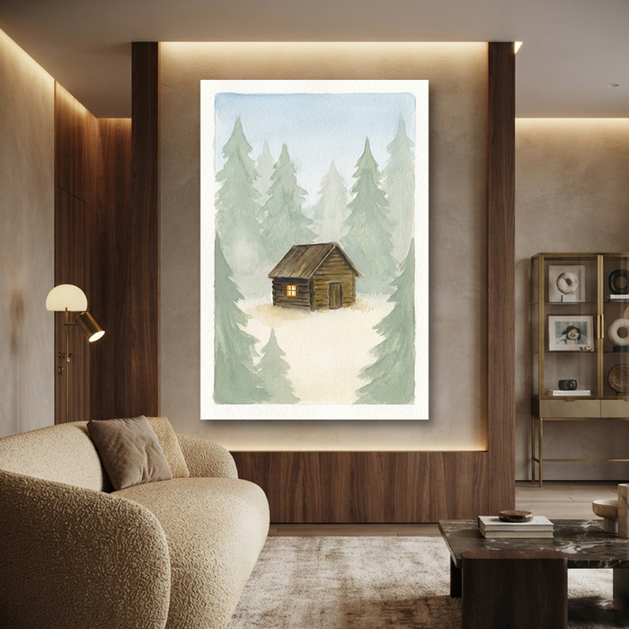 Hidden Log Cabin Woods Cozy Watercolor Canvas Wall Art Prints