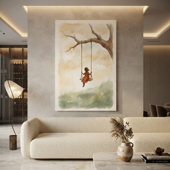 Little Girl Tree Swing Cozy Watercolor Canvas Wall Art Prints