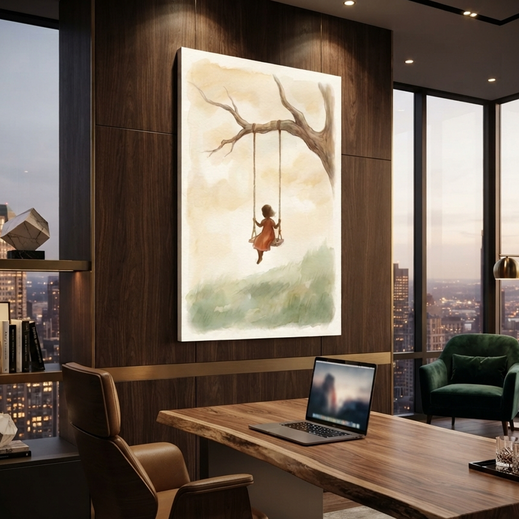 Little Girl Tree Swing Cozy Watercolor Canvas Wall Art Prints