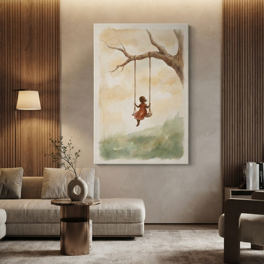 Little Girl Tree Swing Cozy Watercolor Canvas Wall Art Prints