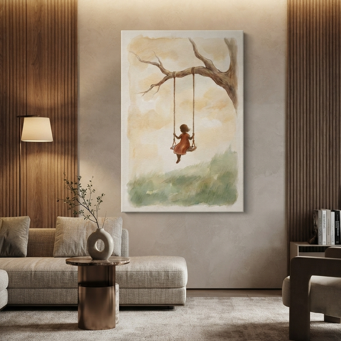 Little Girl Tree Swing Cozy Watercolor Canvas Wall Art Prints