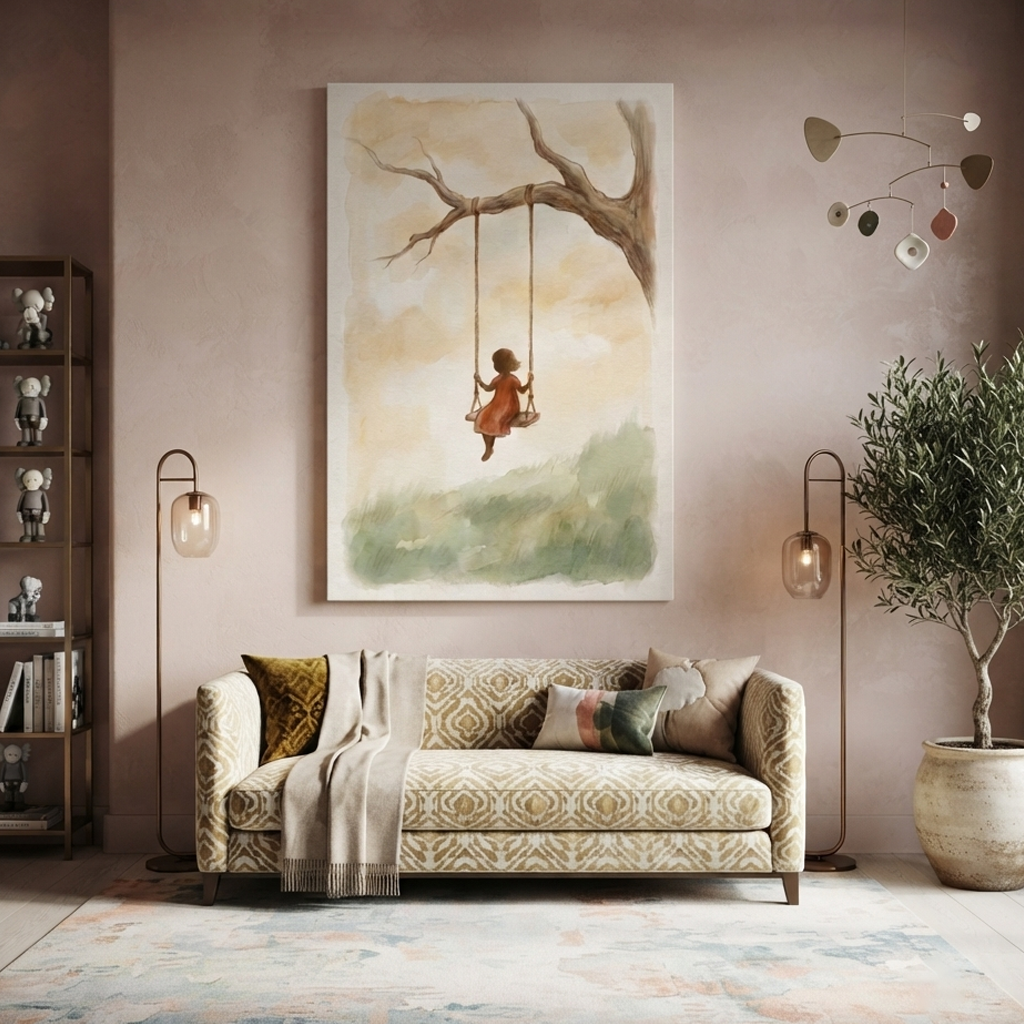 Little Girl Tree Swing Cozy Watercolor Canvas Wall Art Prints