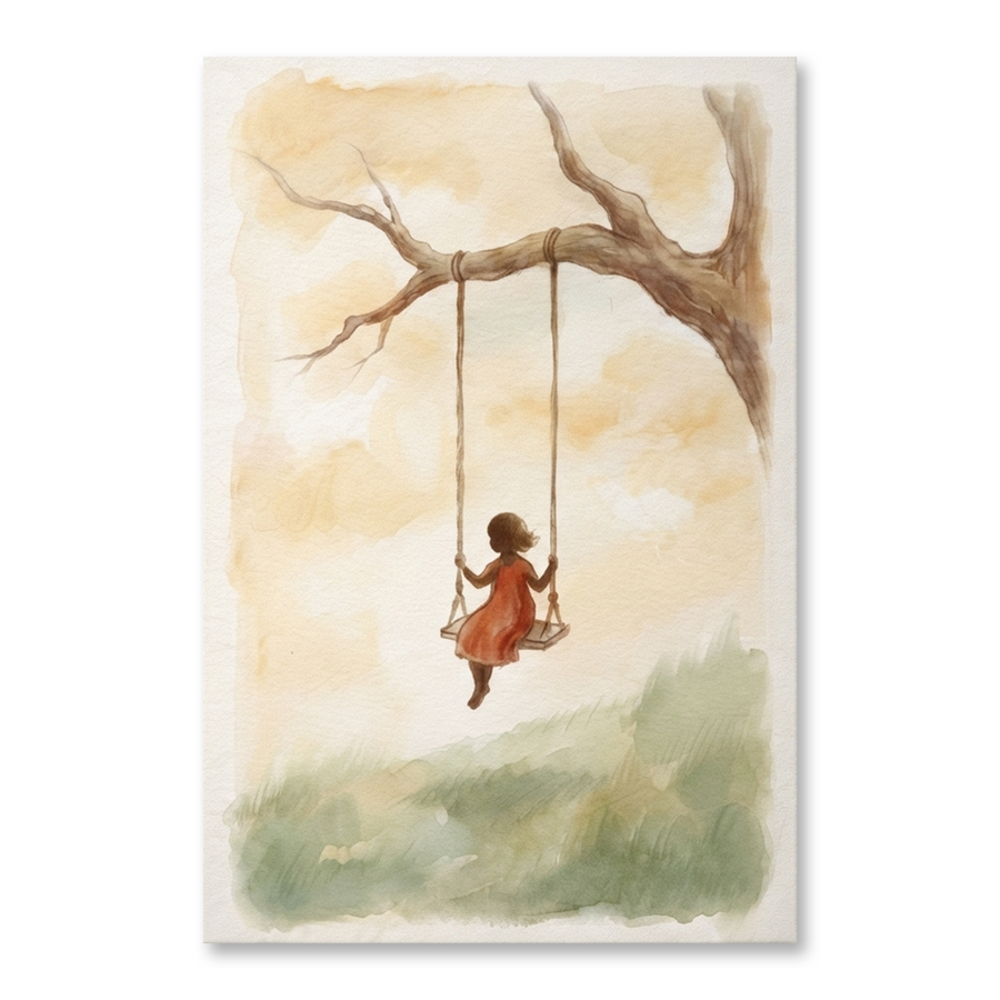 Little Girl Tree Swing Cozy Watercolor Canvas Wall Art Prints above a 3-seater sofa at true scale