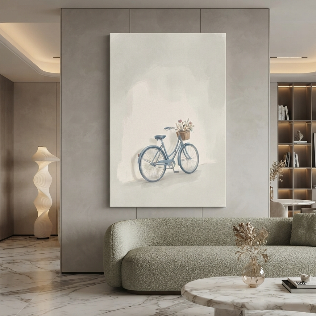 Blue Bicycle Flower Basket Cozy Watercolor Canvas Wall Art Prints