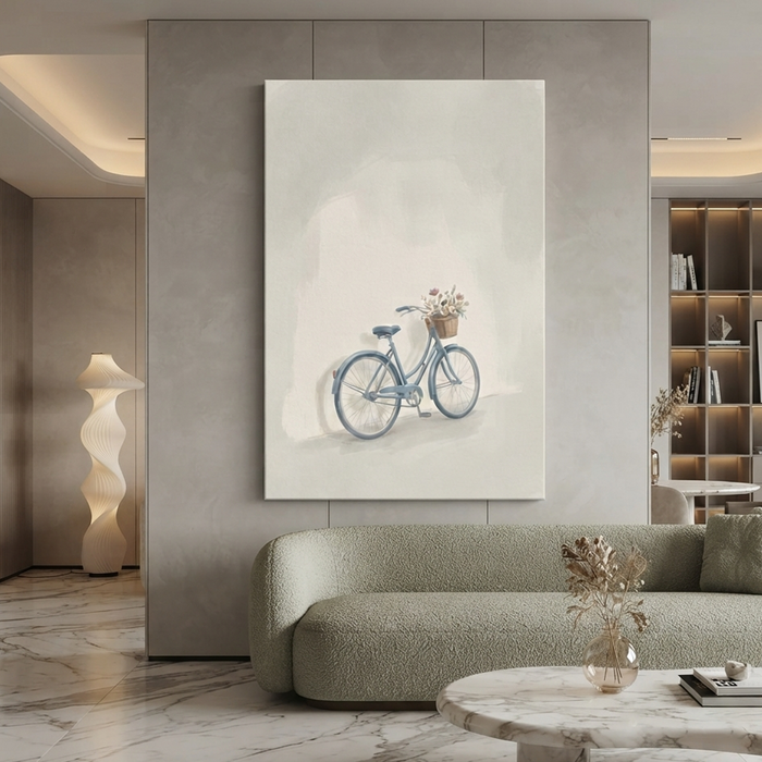 Blue Bicycle Flower Basket Cozy Watercolor Canvas Wall Art Prints