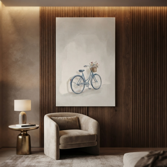 Blue Bicycle Flower Basket Cozy Watercolor Canvas Wall Art Prints