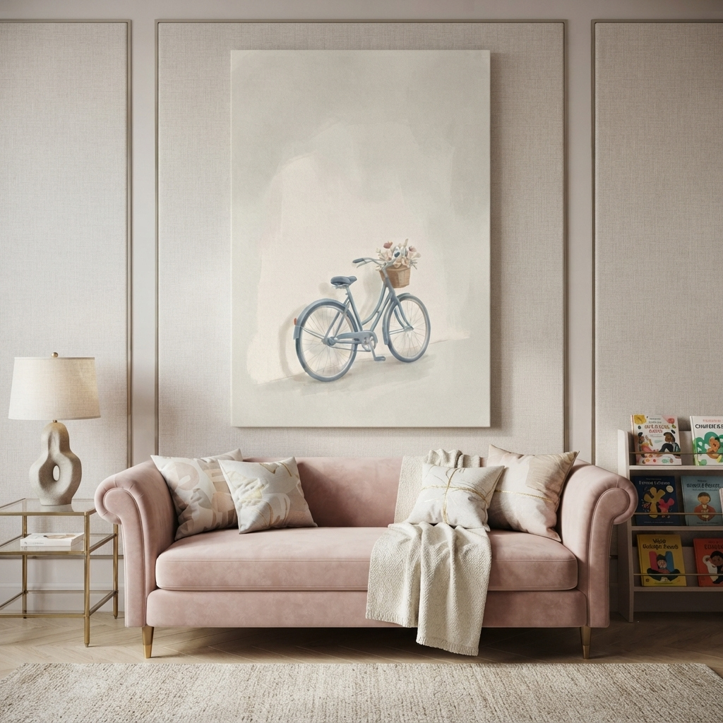 Blue Bicycle Flower Basket Cozy Watercolor Canvas Wall Art Prints