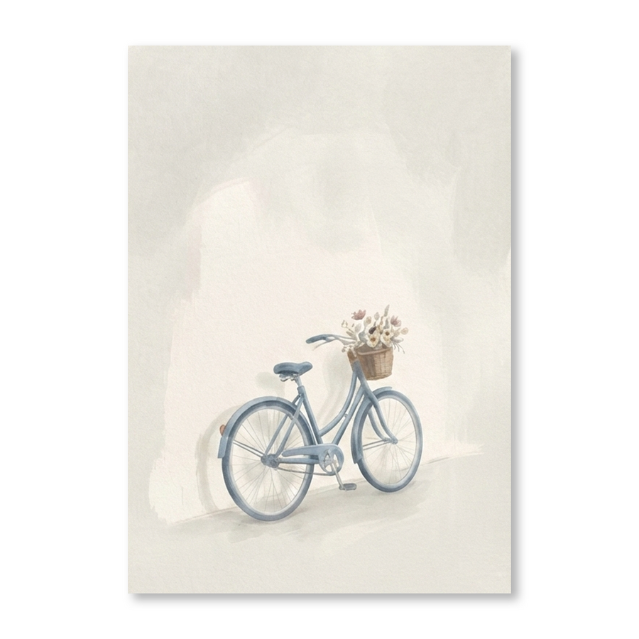 Blue Bicycle Flower Basket Cozy Watercolor Canvas Wall Art Prints above a 3-seater sofa at true scale