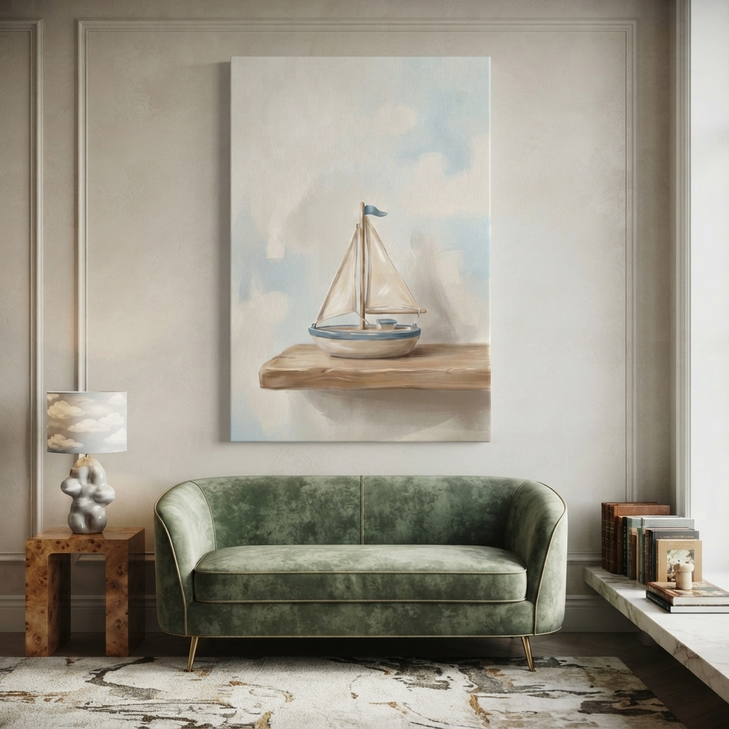 Little Toy Sailboat Shelf Cozy Watercolor Canvas Wall Art Prints