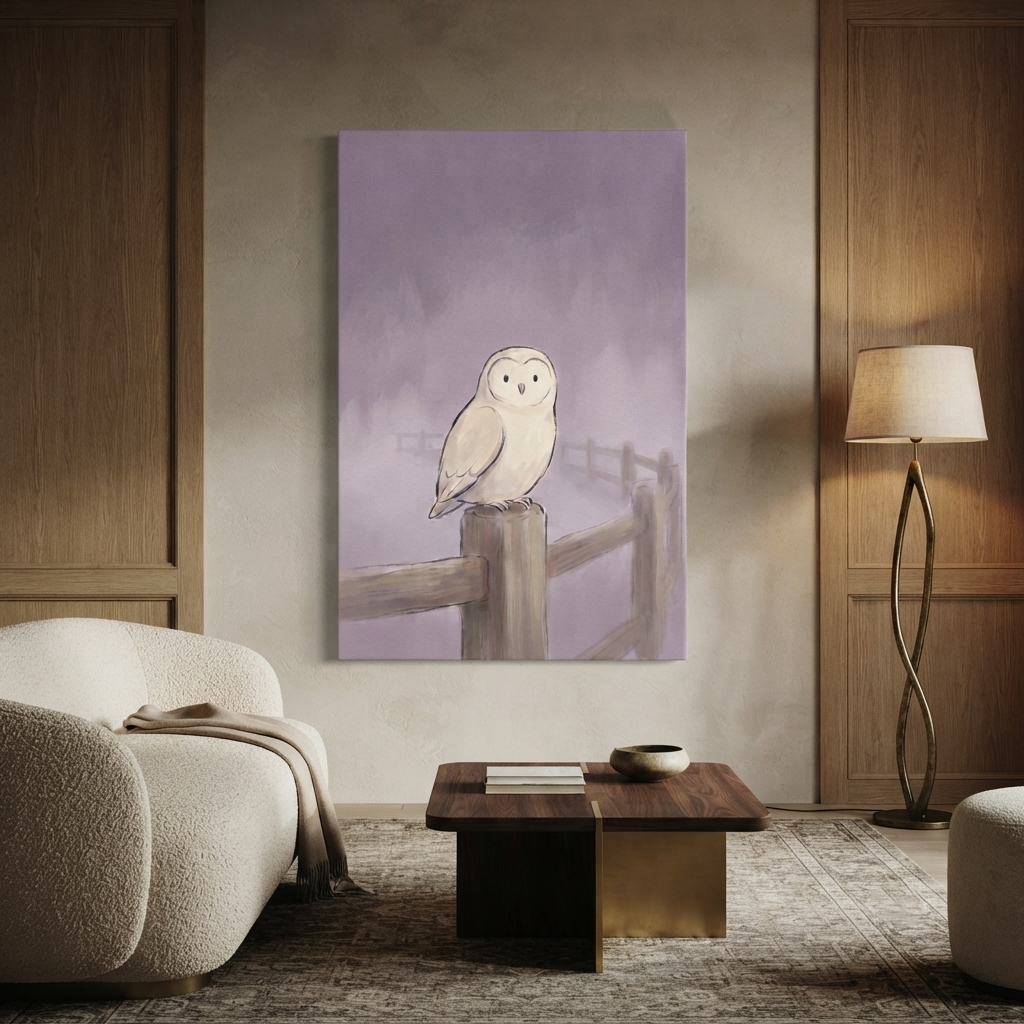 Snowy Owl Lavender Mist Cozy Watercolor Canvas Wall Art Prints