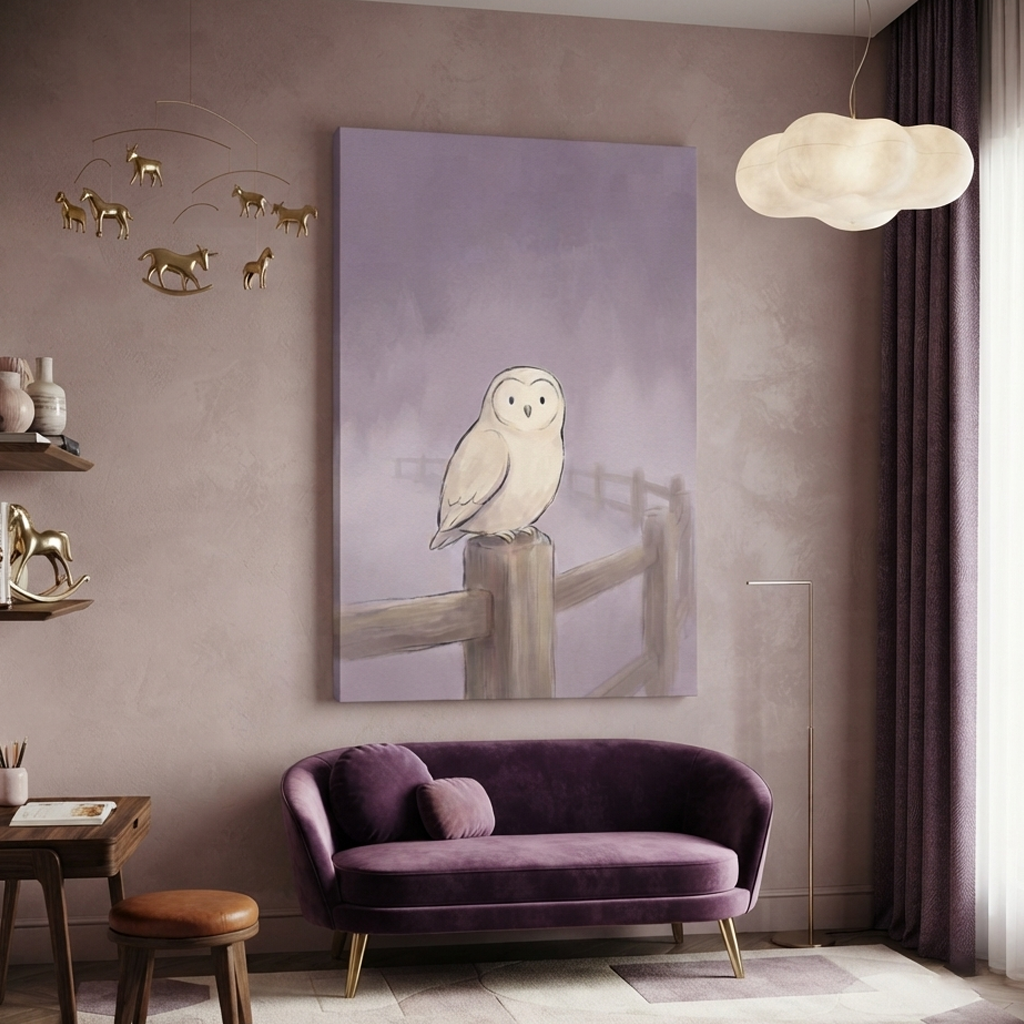 Snowy Owl Lavender Mist Cozy Watercolor Canvas Wall Art Prints