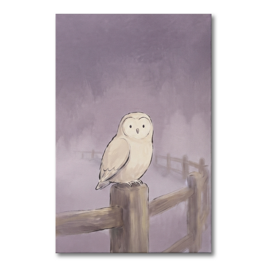 Snowy Owl Lavender Mist Cozy Watercolor Canvas Wall Art Prints above a 3-seater sofa at true scale