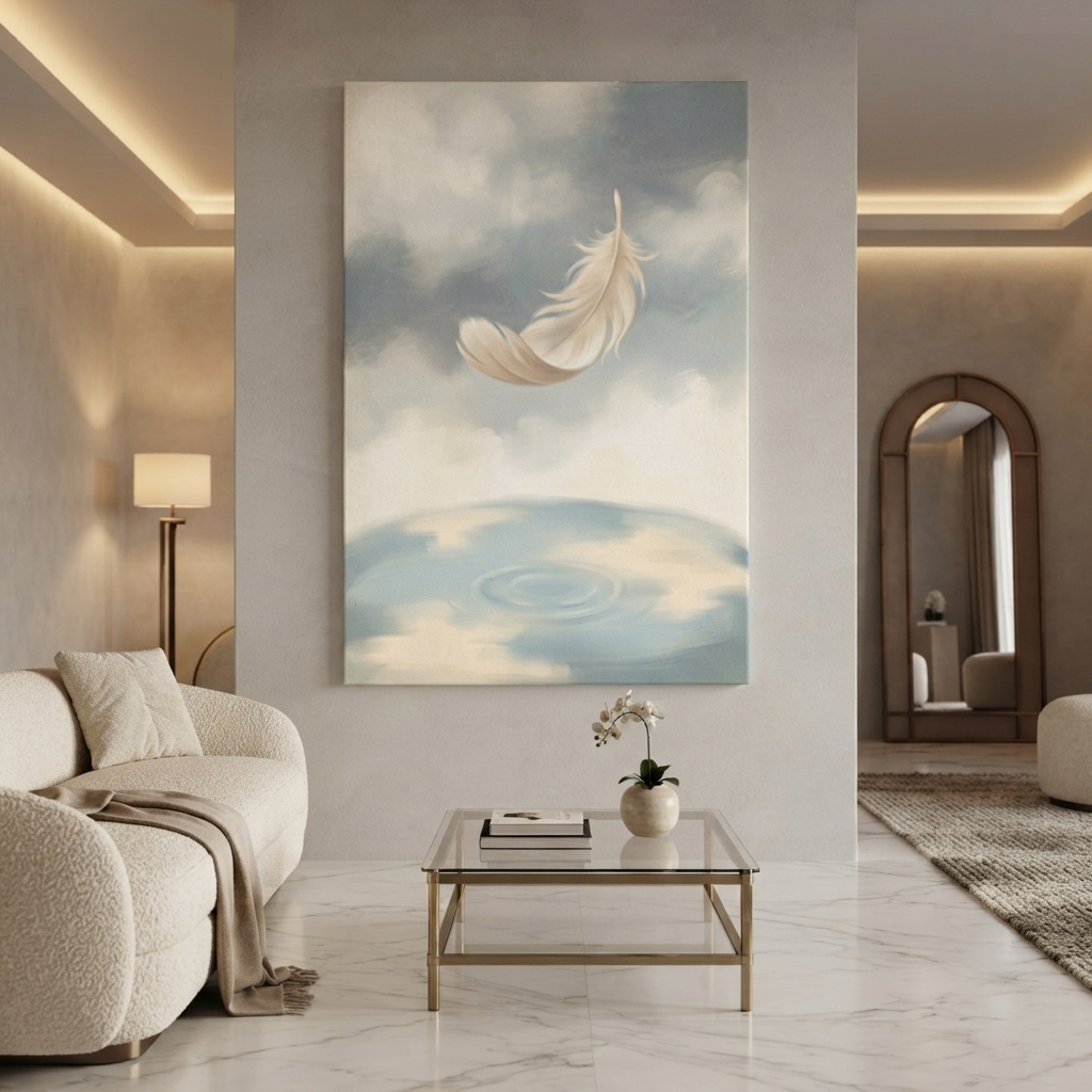 Falling Feather Gentle Ripples Cozy Watercolor Canvas Wall Art Prints