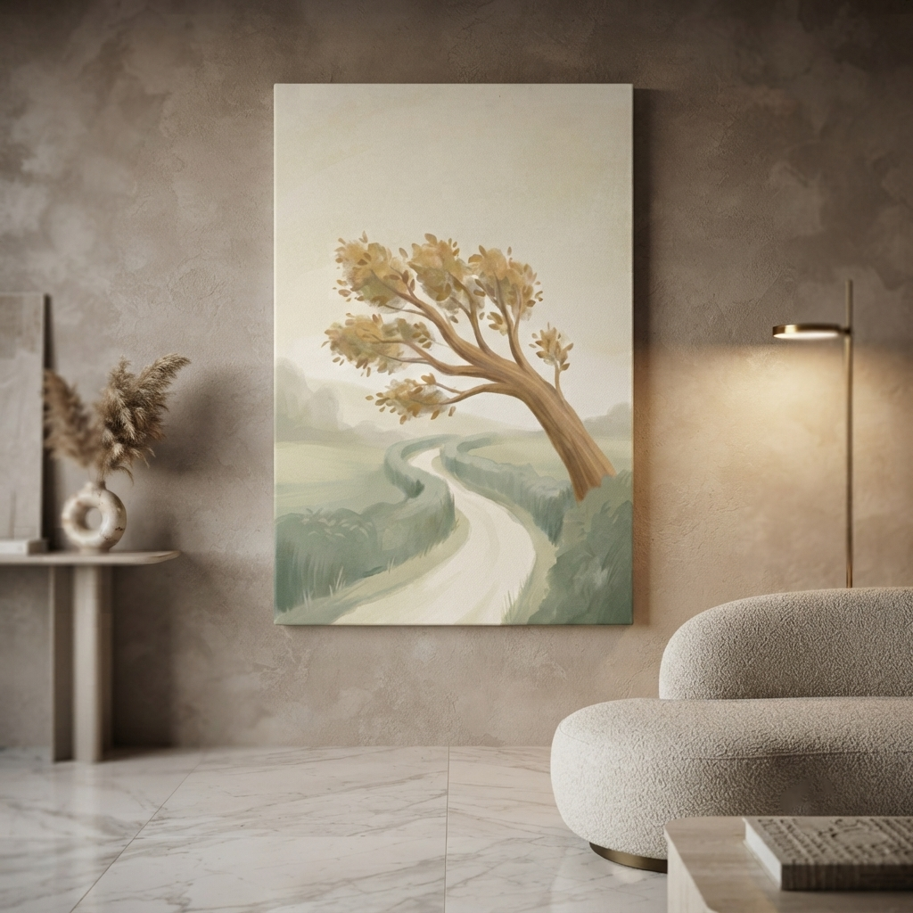 Leaning Tree Country Road Cozy Watercolor Canvas Wall Art Prints