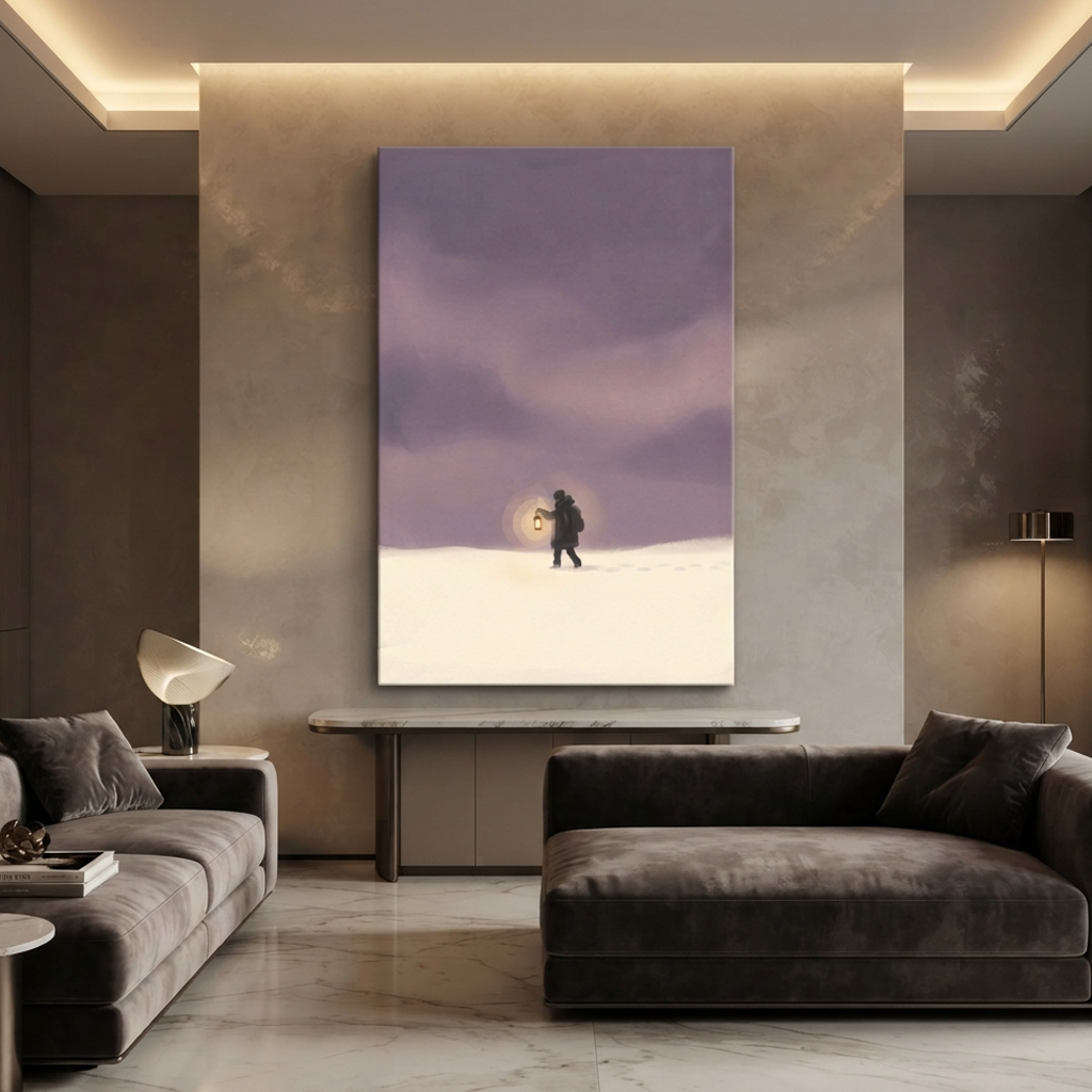 Lantern Walk Through Lavender Snow Cozy Watercolor Canvas Wall Art Prints