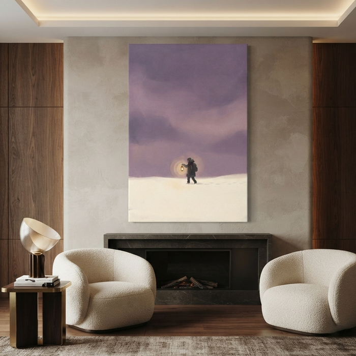 Lantern Walk Through Lavender Snow Cozy Watercolor Canvas Wall Art Prints