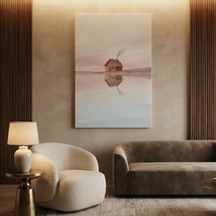 Blush Lake Cabin Reflection Cozy Watercolor Canvas Wall Art Prints