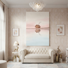 Blush Lake Cabin Reflection Cozy Watercolor Canvas Wall Art Prints