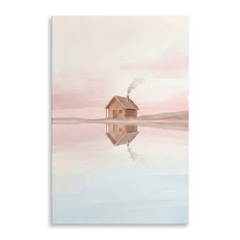 Blush Lake Cabin Reflection Cozy Watercolor Canvas Wall Art Prints
