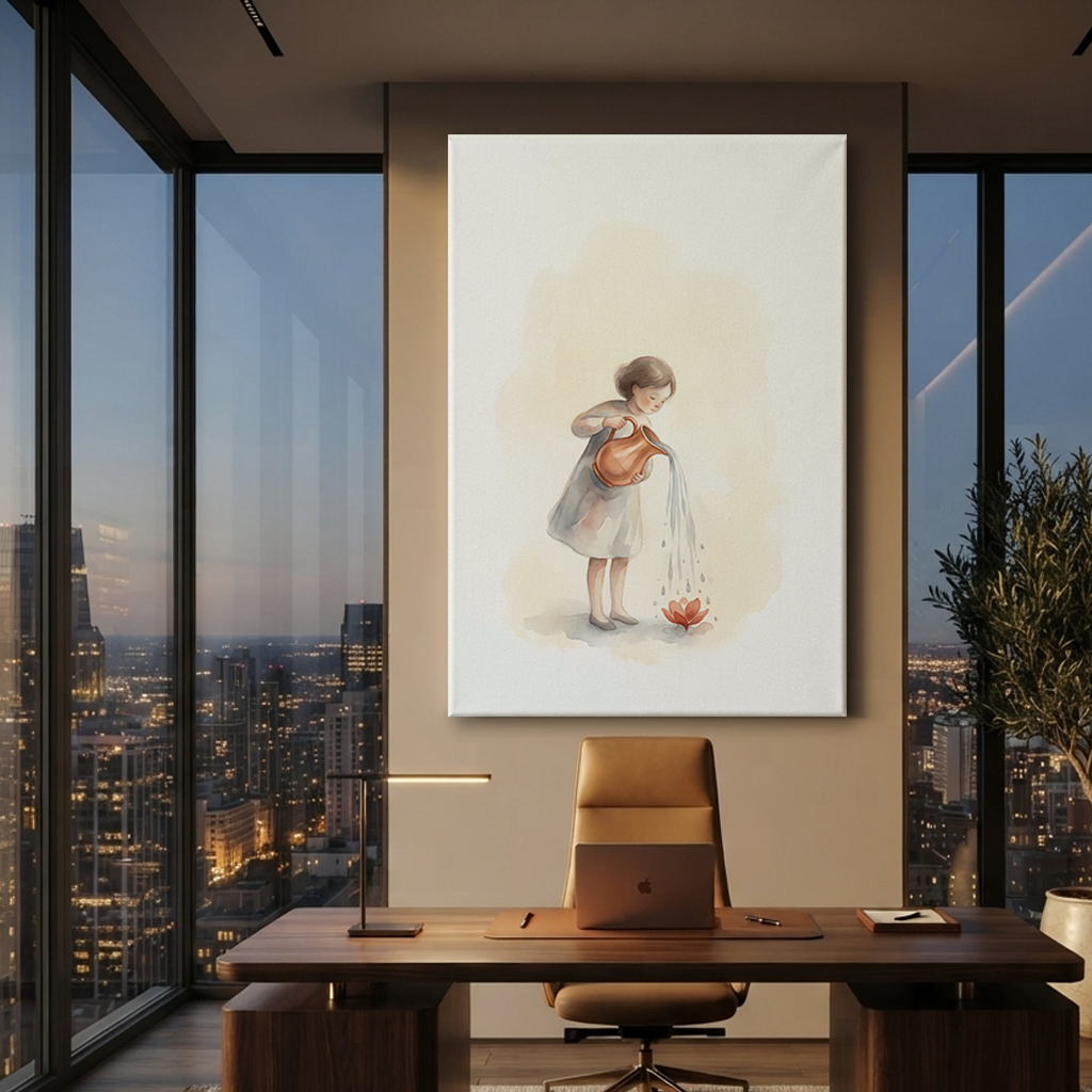 Little Girl Watering Bloom Cozy Watercolor Canvas Wall Art Prints