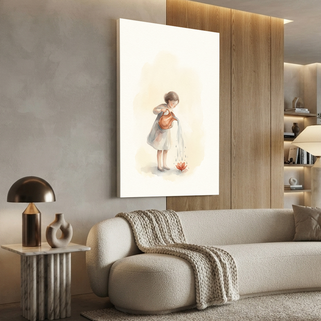 Little Girl Watering Bloom Cozy Watercolor Canvas Wall Art Prints