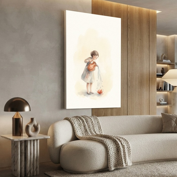 Little Girl Watering Bloom Cozy Watercolor Canvas Wall Art Prints