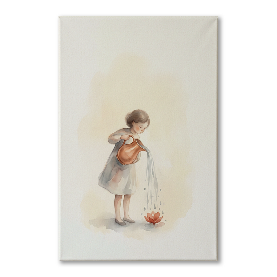 Little Girl Watering Bloom Cozy Watercolor Canvas Wall Art Prints above a 3-seater sofa at true scale