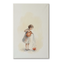 Little Girl Watering Bloom Cozy Watercolor Canvas Wall Art Prints
