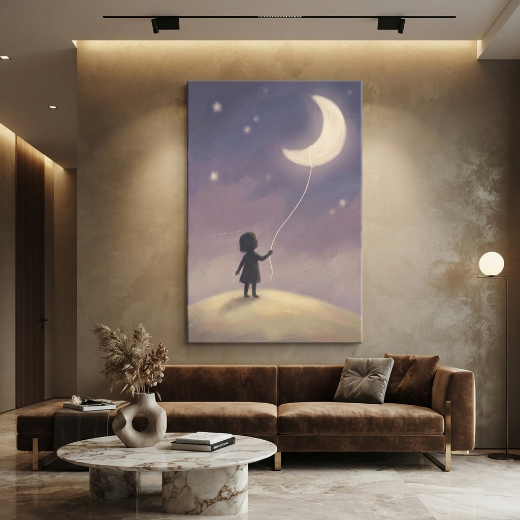 Little Girl Moon Balloon Cozy Watercolor Canvas Wall Art Prints