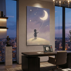 Little Girl Moon Balloon Cozy Watercolor Canvas Wall Art Prints