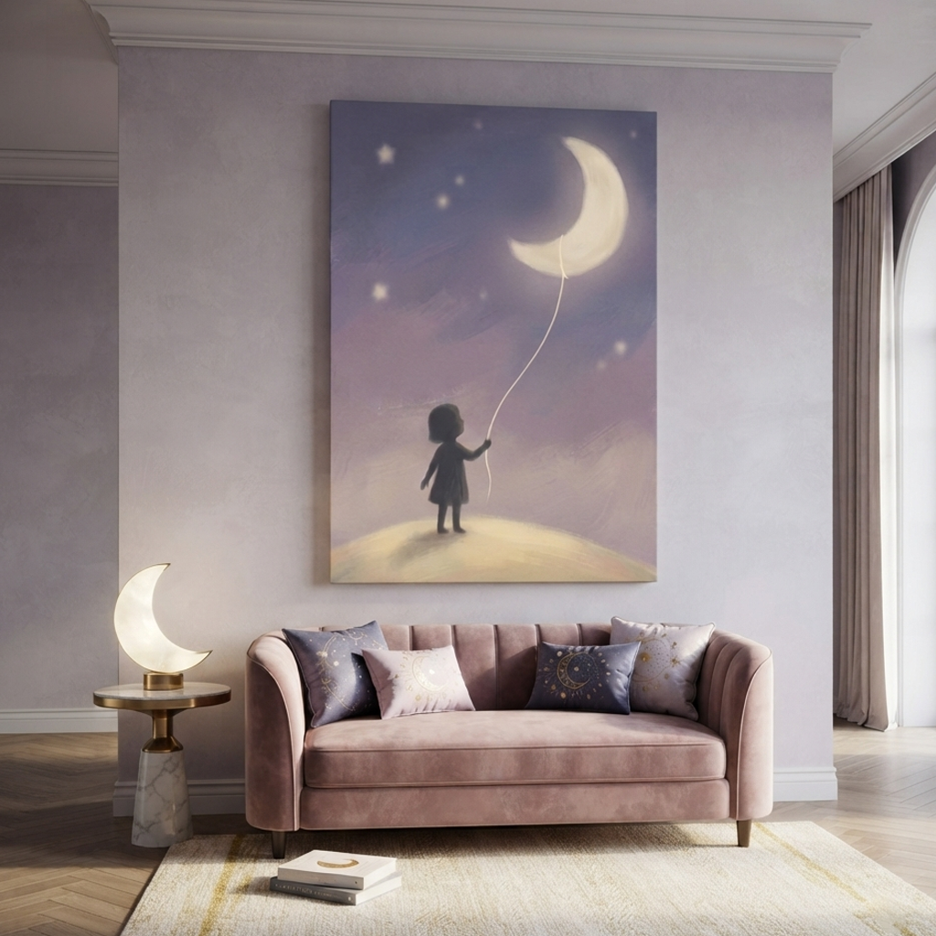 Little Girl Moon Balloon Cozy Watercolor Canvas Wall Art Prints