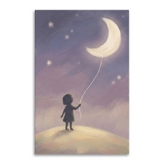 Little Girl Moon Balloon Cozy Watercolor Canvas Wall Art Prints