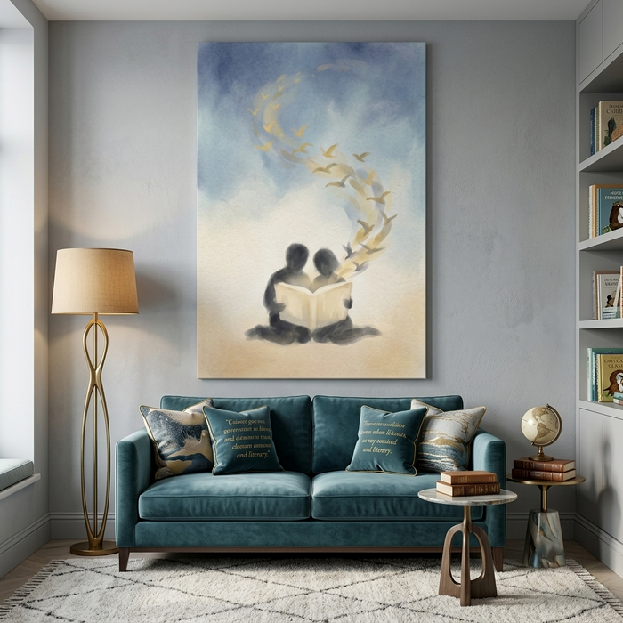 Storybook Birds Reading Together Cozy Watercolor Canvas Wall Art Prints