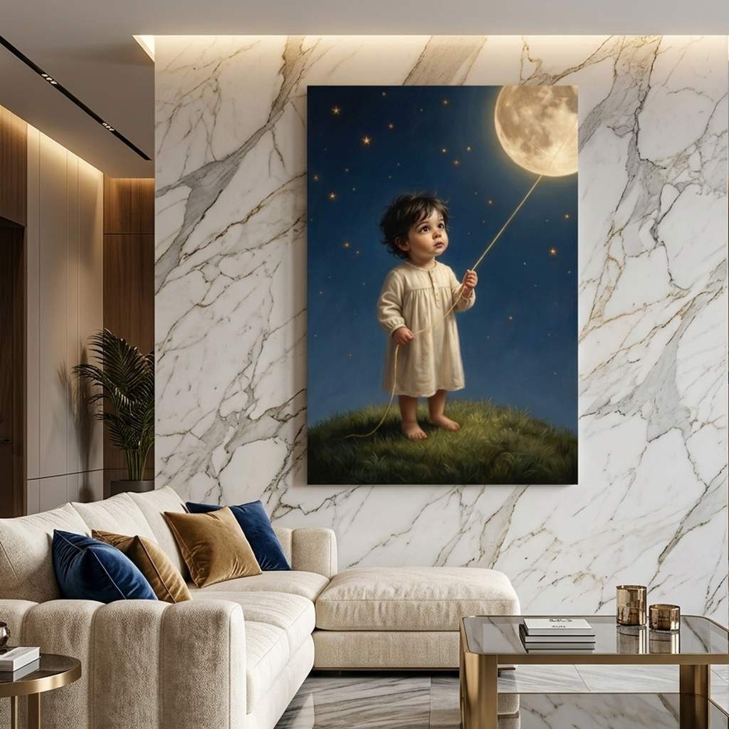 Child & the Moon – Soft Surreal Conceptual Canvas Print Art