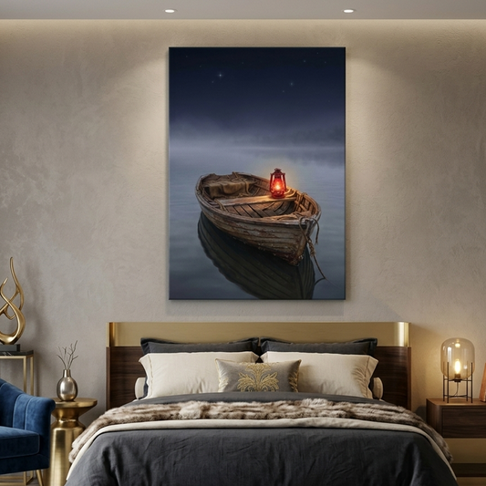 Lantern Boat at Night – Soft Surreal Conceptual Canvas Print Art