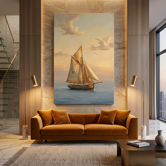 Lone Sailboat at Golden Hour – Soft Surreal Conceptual Canvas Art