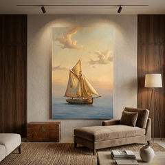Lone Sailboat at Golden Hour – Soft Surreal Conceptual Canvas Art