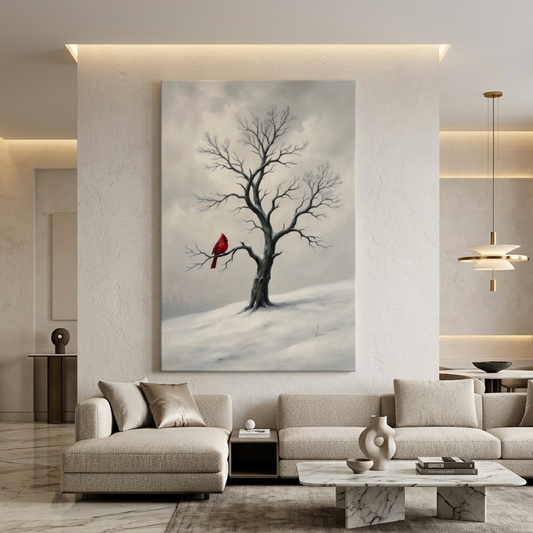 Crimson Cardinal in Winter Snow – Soft Surreal Conceptual Canvas Art