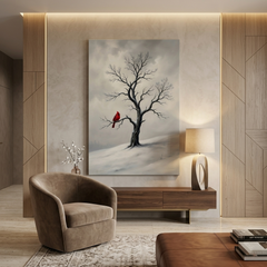 Crimson Cardinal in Winter Snow – Soft Surreal Conceptual Canvas Art