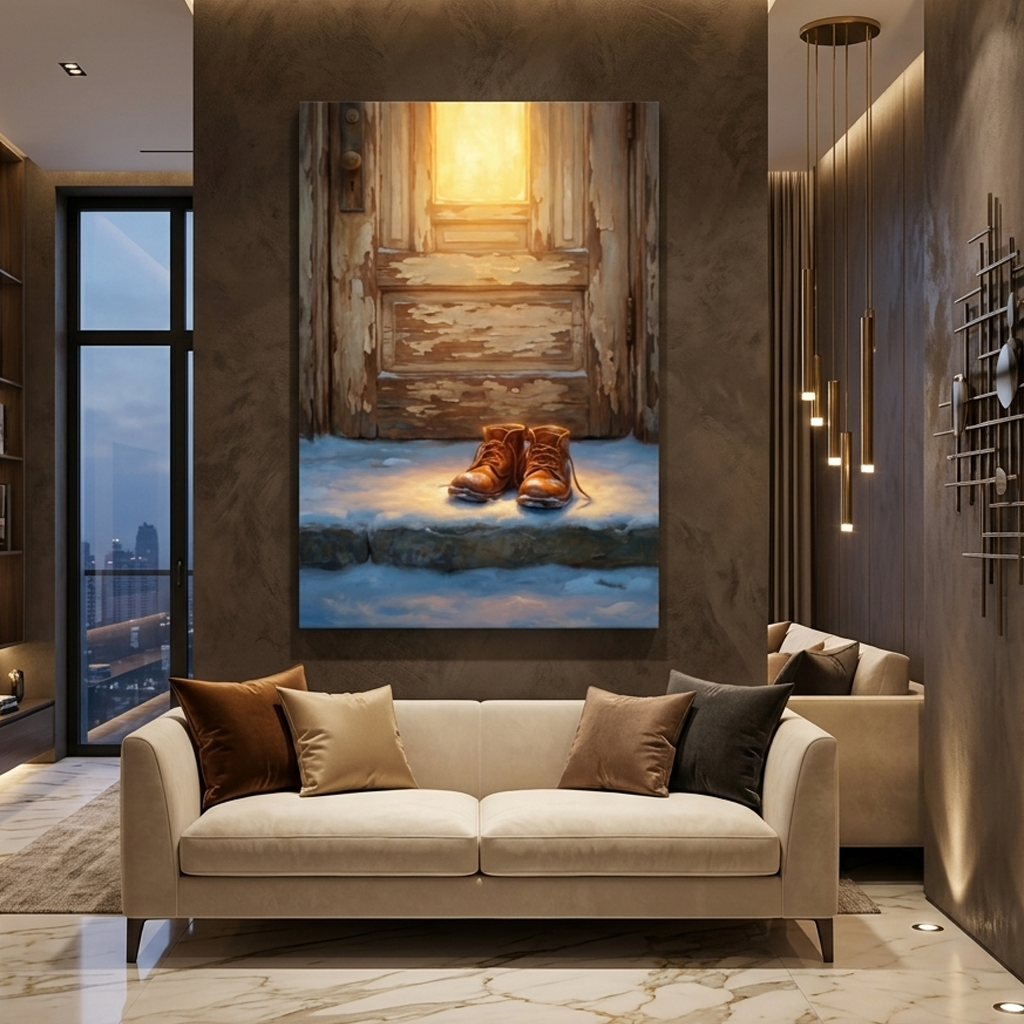 Homecoming on a Snowy Doorstep – Soft Surreal Conceptual Canvas Art