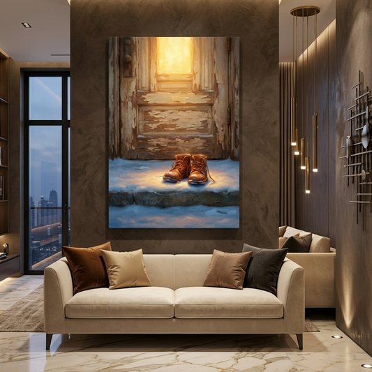 Homecoming on a Snowy Doorstep – Soft Surreal Conceptual Canvas Art