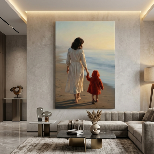 Mother and Child, Golden Shore – Soft Surreal Conceptual Canvas Art
