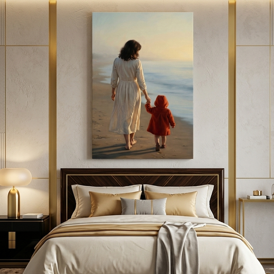 Mother and Child, Golden Shore – Soft Surreal Conceptual Canvas Art