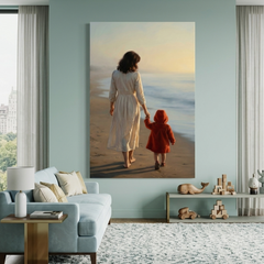 Mother and Child, Golden Shore – Soft Surreal Conceptual Canvas Art