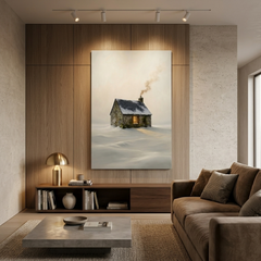 Lone Cottage in Endless Snow – Soft Surreal Conceptual Canvas Art