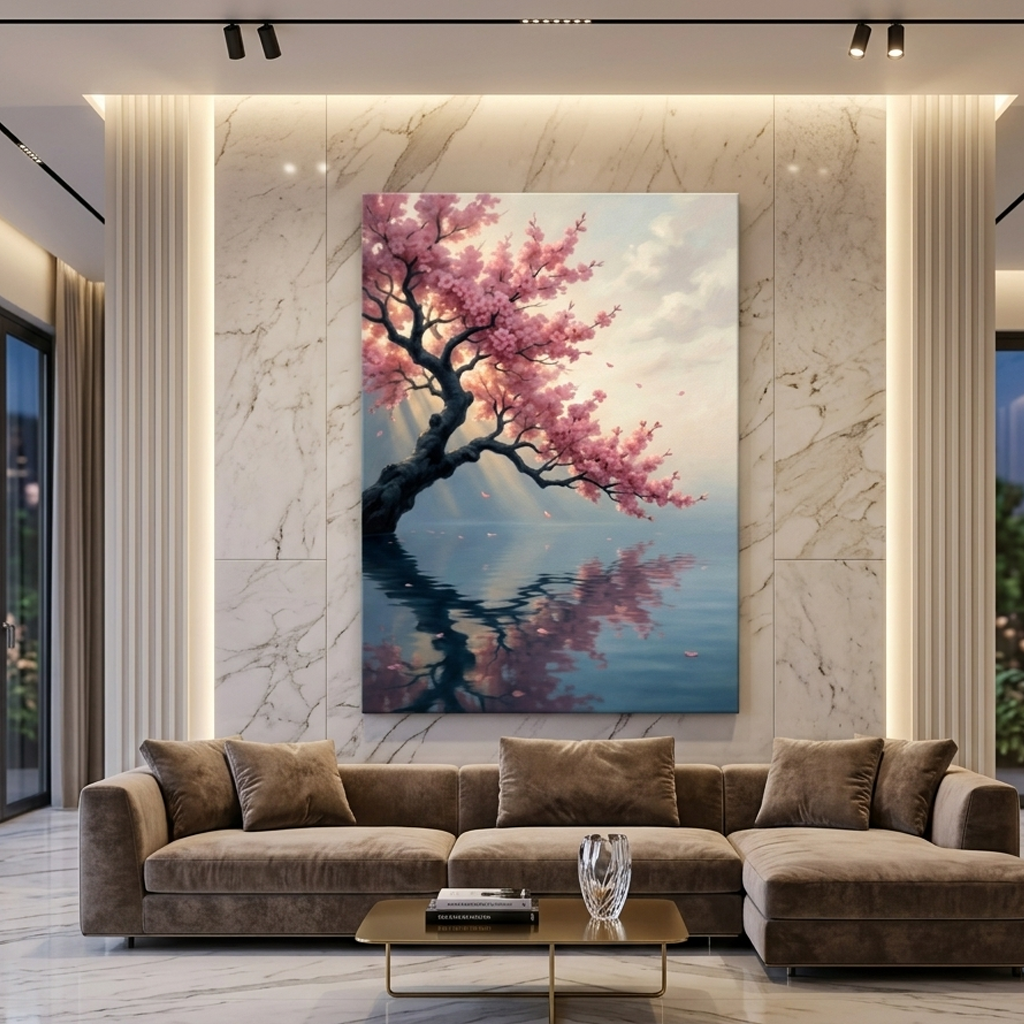 Cherry Blossoms Over Still Water – Soft Surreal Conceptual Canvas Art