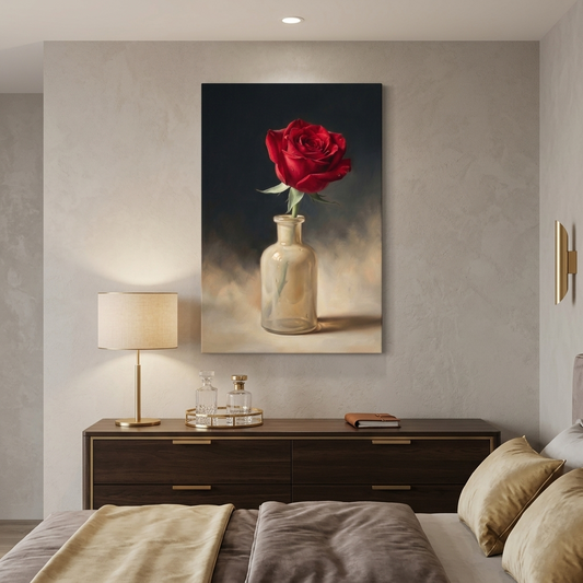 Single Red Rose in Glass – Soft Surreal Conceptual Canvas Art